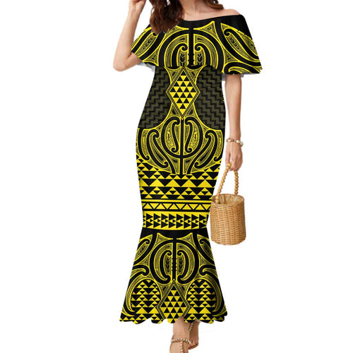Mahi-dawg Maori Ta Moko Poutama Art Family Matching Mermaid Dress and Hawaiian Shirt
