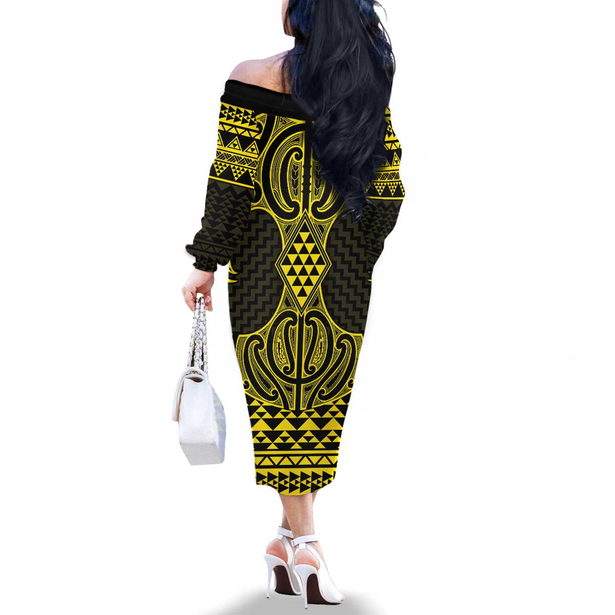 Mahi-dawg Maori Ta Moko Poutama Art Family Matching Off The Shoulder Long Sleeve Dress and Hawaiian Shirt