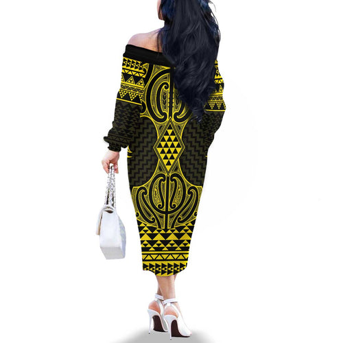 Mahi-dawg Maori Ta Moko Poutama Art Family Matching Off The Shoulder Long Sleeve Dress and Hawaiian Shirt
