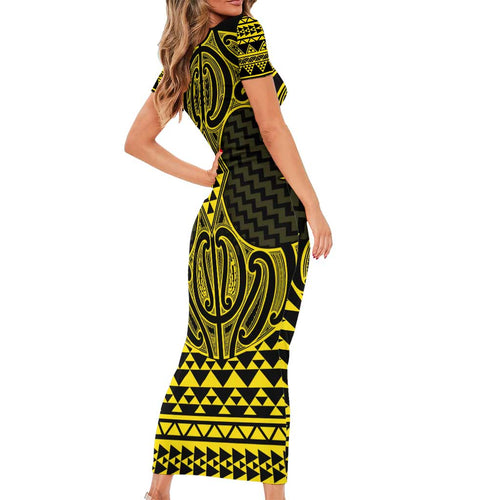 Mahi-dawg Maori Ta Moko Poutama Art Short Sleeve Bodycon Dress