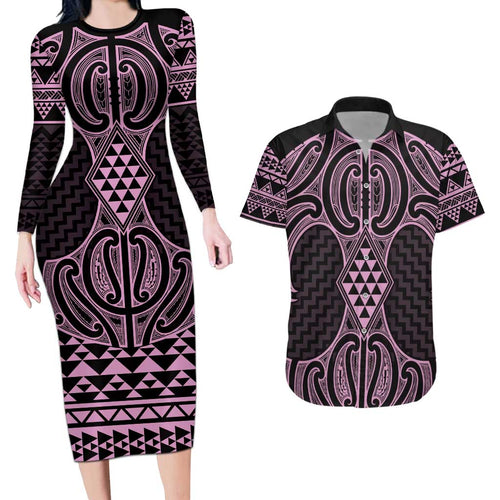 Mawhero Maori Ta Moko Poutama Art Couples Matching Long Sleeve Bodycon Dress and Hawaiian Shirt