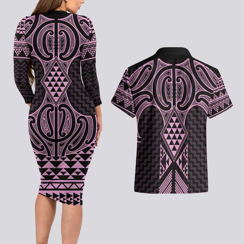 Mawhero Maori Ta Moko Poutama Art Couples Matching Long Sleeve Bodycon Dress and Hawaiian Shirt