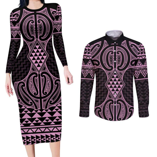 Mawhero Maori Ta Moko Poutama Art Couples Matching Long Sleeve Bodycon Dress and Long Sleeve Button Shirt