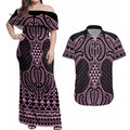 Mawhero Maori Ta Moko Poutama Art Couples Matching Off Shoulder Maxi Dress and Hawaiian Shirt