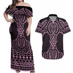 Mawhero Maori Ta Moko Poutama Art Couples Matching Off Shoulder Maxi Dress and Hawaiian Shirt