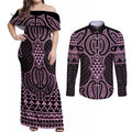 Mawhero Maori Ta Moko Poutama Art Couples Matching Off Shoulder Maxi Dress and Long Sleeve Button Shirt