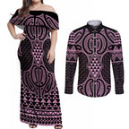 Mawhero Maori Ta Moko Poutama Art Couples Matching Off Shoulder Maxi Dress and Long Sleeve Button Shirt