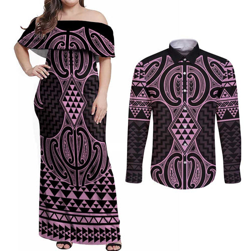 Mawhero Maori Ta Moko Poutama Art Couples Matching Off Shoulder Maxi Dress and Long Sleeve Button Shirt