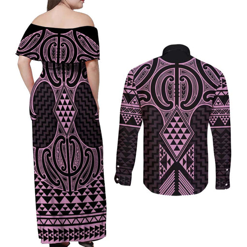 Mawhero Maori Ta Moko Poutama Art Couples Matching Off Shoulder Maxi Dress and Long Sleeve Button Shirt