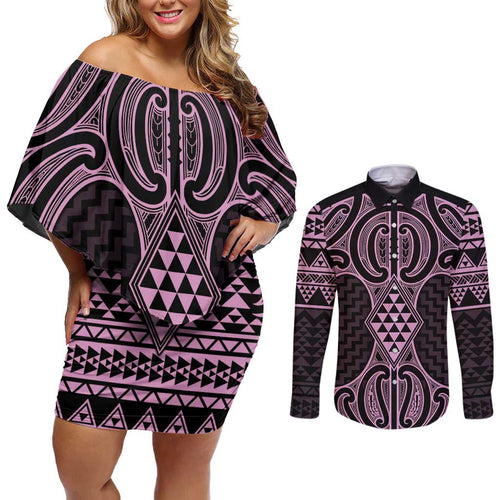 Mawhero Maori Ta Moko Poutama Art Couples Matching Off Shoulder Short Dress and Long Sleeve Button Shirt