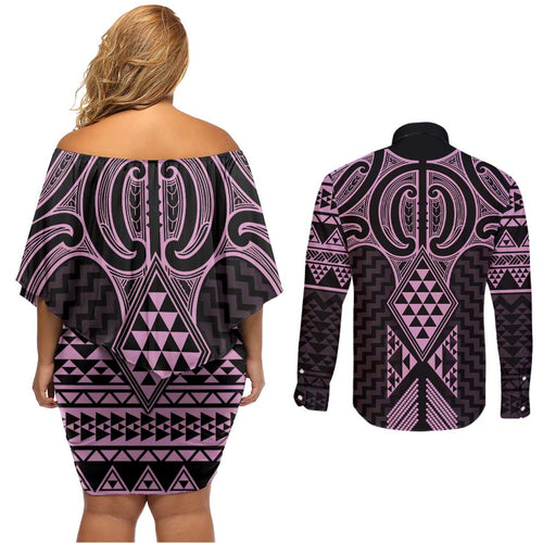 Mawhero Maori Ta Moko Poutama Art Couples Matching Off Shoulder Short Dress and Long Sleeve Button Shirt