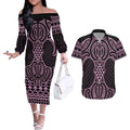 Mawhero Maori Ta Moko Poutama Art Couples Matching Off The Shoulder Long Sleeve Dress and Hawaiian Shirt