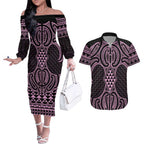 Mawhero Maori Ta Moko Poutama Art Couples Matching Off The Shoulder Long Sleeve Dress and Hawaiian Shirt