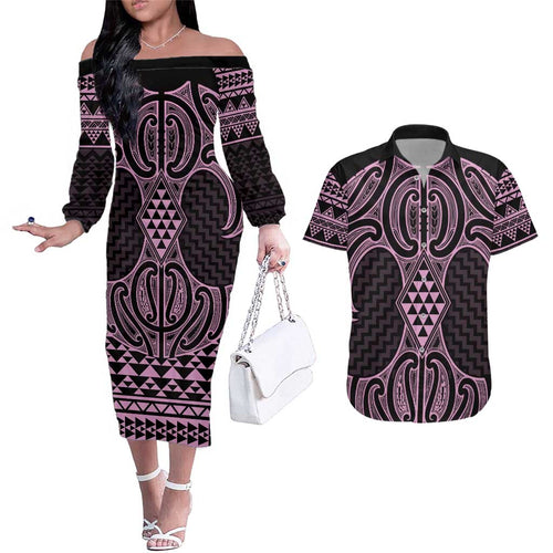 Mawhero Maori Ta Moko Poutama Art Couples Matching Off The Shoulder Long Sleeve Dress and Hawaiian Shirt