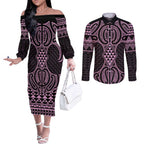 Mawhero Maori Ta Moko Poutama Art Couples Matching Off The Shoulder Long Sleeve Dress and Long Sleeve Button Shirt