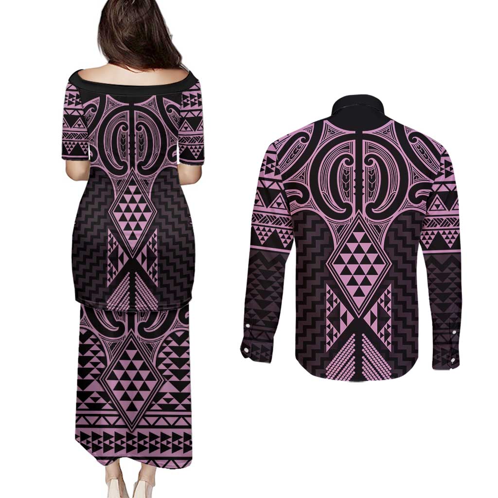 Mawhero Maori Ta Moko Poutama Art Couples Matching Puletasi and Long Sleeve Button Shirt