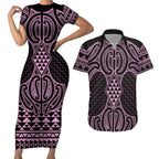 Mawhero Maori Ta Moko Poutama Art Couples Matching Short Sleeve Bodycon Dress and Hawaiian Shirt