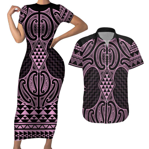 Mawhero Maori Ta Moko Poutama Art Couples Matching Short Sleeve Bodycon Dress and Hawaiian Shirt