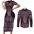 Mawhero Maori Ta Moko Poutama Art Couples Matching Short Sleeve Bodycon Dress and Long Sleeve Button Shirt