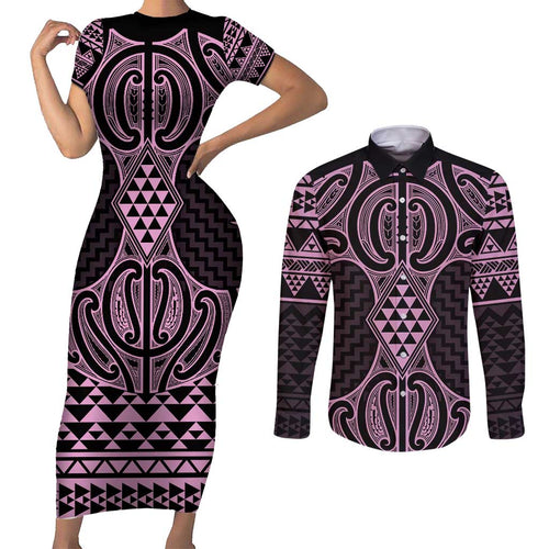 Mawhero Maori Ta Moko Poutama Art Couples Matching Short Sleeve Bodycon Dress and Long Sleeve Button Shirt