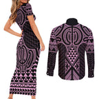 Mawhero Maori Ta Moko Poutama Art Couples Matching Short Sleeve Bodycon Dress and Long Sleeve Button Shirt