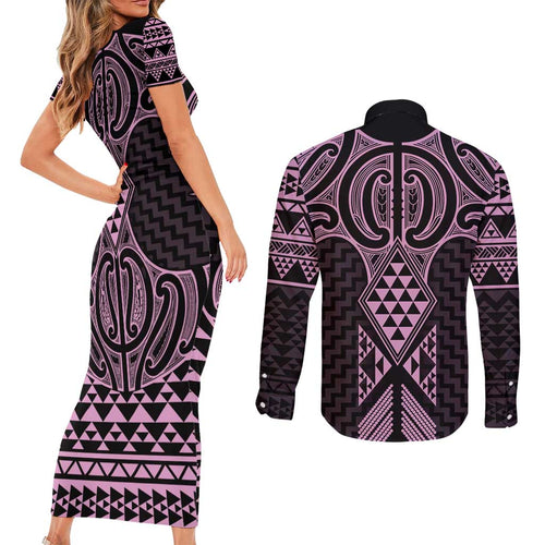 Mawhero Maori Ta Moko Poutama Art Couples Matching Short Sleeve Bodycon Dress and Long Sleeve Button Shirt