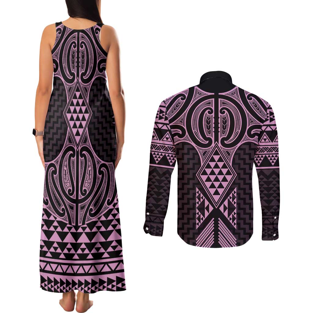Mawhero Maori Ta Moko Poutama Art Couples Matching Tank Maxi Dress and Long Sleeve Button Shirt