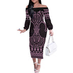 Mawhero Maori Ta Moko Poutama Art Off The Shoulder Long Sleeve Dress