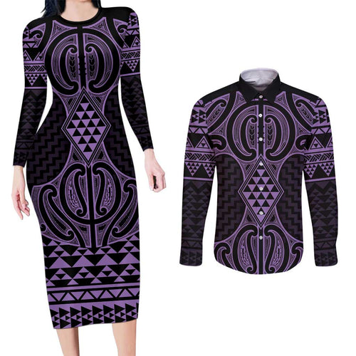 Waiporoporo Maori Ta Moko Poutama Art Couples Matching Long Sleeve Bodycon Dress and Long Sleeve Button Shirt