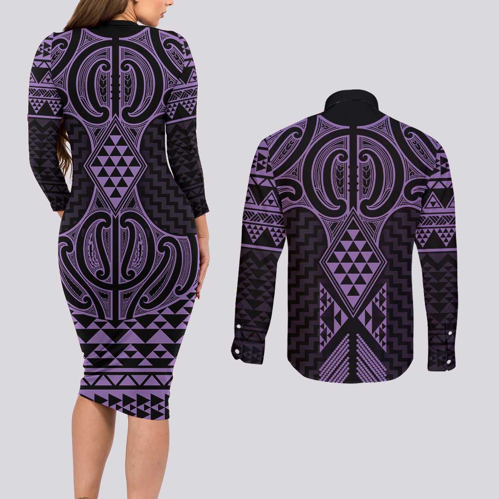 Waiporoporo Maori Ta Moko Poutama Art Couples Matching Long Sleeve Bodycon Dress and Long Sleeve Button Shirt