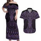 Waiporoporo Maori Ta Moko Poutama Art Couples Matching Off Shoulder Maxi Dress and Hawaiian Shirt