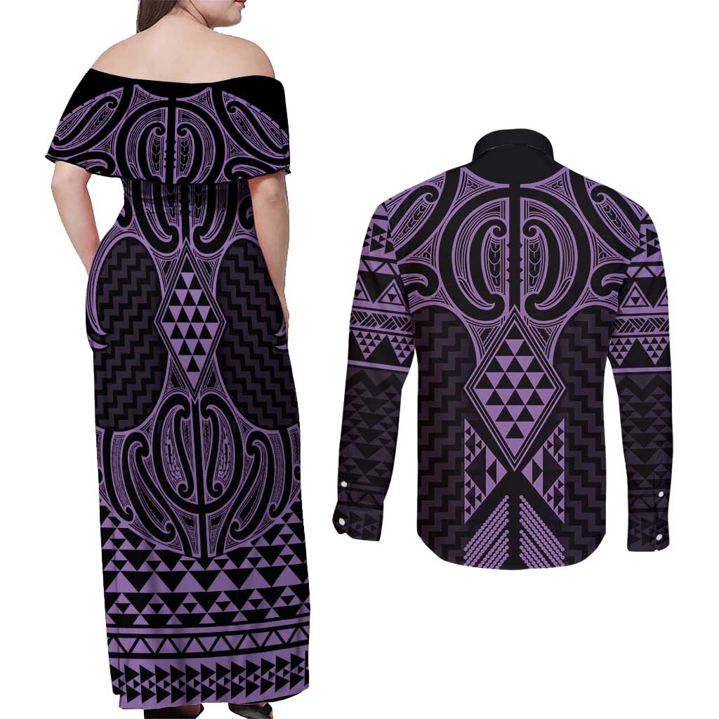 Waiporoporo Maori Ta Moko Poutama Art Couples Matching Off Shoulder Maxi Dress and Long Sleeve Button Shirt
