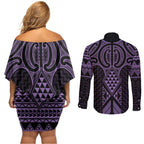 Waiporoporo Maori Ta Moko Poutama Art Couples Matching Off Shoulder Short Dress and Long Sleeve Button Shirt