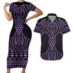 Waiporoporo Maori Ta Moko Poutama Art Couples Matching Short Sleeve Bodycon Dress and Hawaiian Shirt