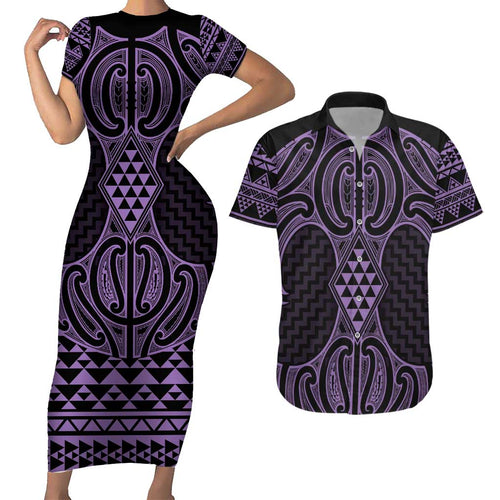 Waiporoporo Maori Ta Moko Poutama Art Couples Matching Short Sleeve Bodycon Dress and Hawaiian Shirt