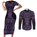 Waiporoporo Maori Ta Moko Poutama Art Couples Matching Short Sleeve Bodycon Dress and Long Sleeve Button Shirt