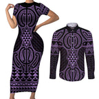 Waiporoporo Maori Ta Moko Poutama Art Couples Matching Short Sleeve Bodycon Dress and Long Sleeve Button Shirt