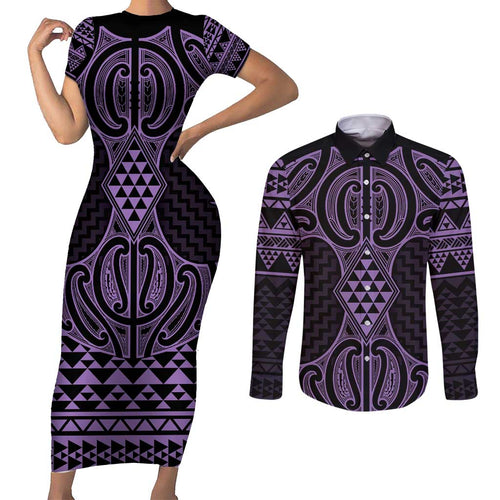 Waiporoporo Maori Ta Moko Poutama Art Couples Matching Short Sleeve Bodycon Dress and Long Sleeve Button Shirt