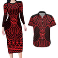 Whero Maori Ta Moko Poutama Art Couples Matching Long Sleeve Bodycon Dress and Hawaiian Shirt