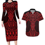 Whero Maori Ta Moko Poutama Art Couples Matching Long Sleeve Bodycon Dress and Hawaiian Shirt