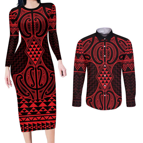 Whero Maori Ta Moko Poutama Art Couples Matching Long Sleeve Bodycon Dress and Long Sleeve Button Shirt