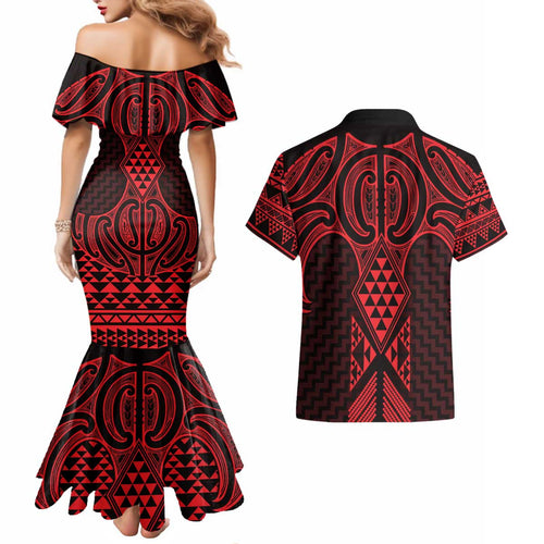 Whero Maori Ta Moko Poutama Art Couples Matching Mermaid Dress and Hawaiian Shirt