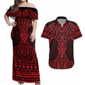 Whero Maori Ta Moko Poutama Art Couples Matching Off Shoulder Maxi Dress and Hawaiian Shirt