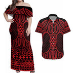 Whero Maori Ta Moko Poutama Art Couples Matching Off Shoulder Maxi Dress and Hawaiian Shirt