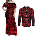 Whero Maori Ta Moko Poutama Art Couples Matching Off Shoulder Maxi Dress and Long Sleeve Button Shirt