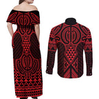 Whero Maori Ta Moko Poutama Art Couples Matching Off Shoulder Maxi Dress and Long Sleeve Button Shirt