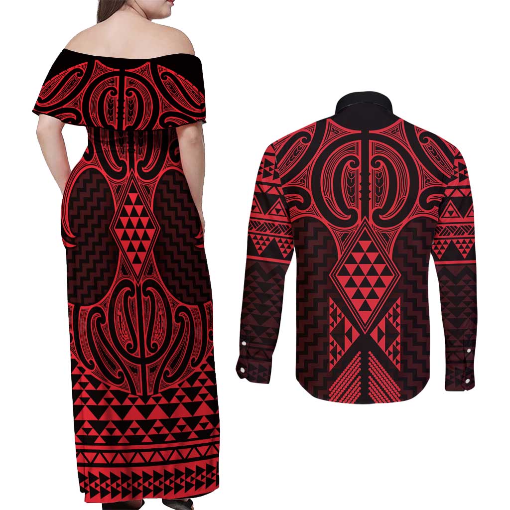 Whero Maori Ta Moko Poutama Art Couples Matching Off Shoulder Maxi Dress and Long Sleeve Button Shirt