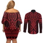 Whero Maori Ta Moko Poutama Art Couples Matching Off Shoulder Short Dress and Long Sleeve Button Shirt