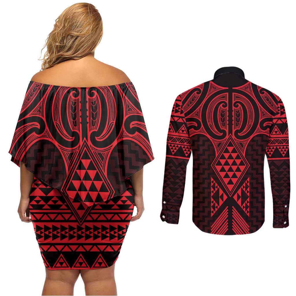 Whero Maori Ta Moko Poutama Art Couples Matching Off Shoulder Short Dress and Long Sleeve Button Shirt