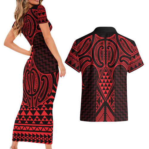 Whero Maori Ta Moko Poutama Art Couples Matching Short Sleeve Bodycon Dress and Hawaiian Shirt